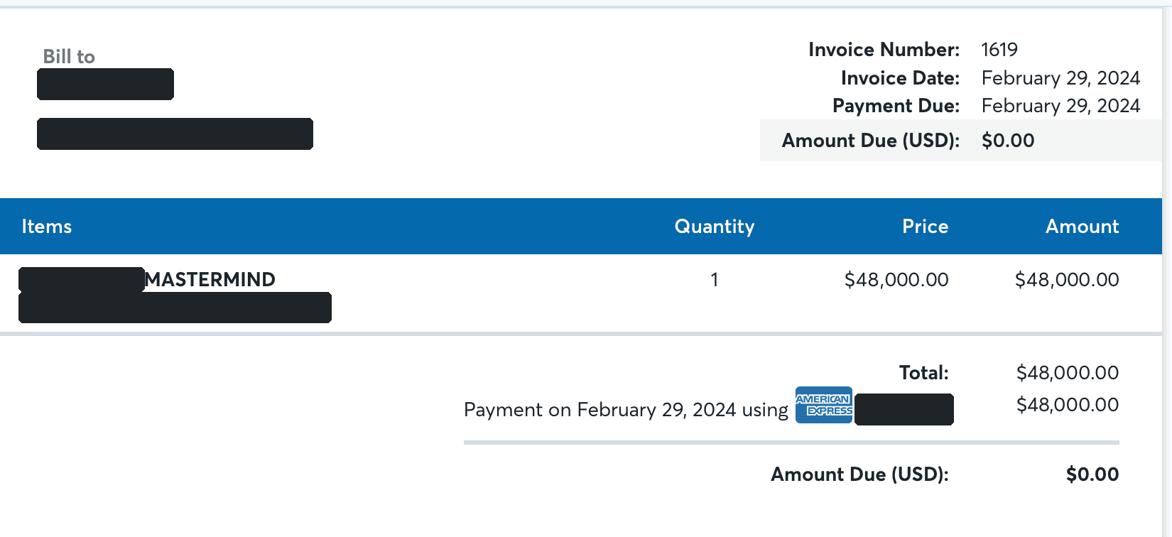 Invoice for $48,000 paid upfront, client details redacted
