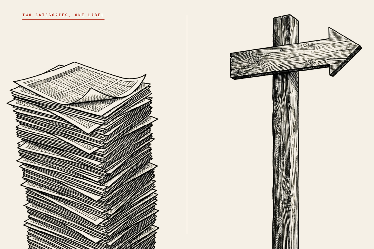 Editorial engraving diptych on cream. A tall leaning stack of printed reports on the left, a single wooden signpost with one blank arrow board on the right, one racing-green hairline divider between. Eyebrow reads TWO CATEGORIES, ONE LABEL.