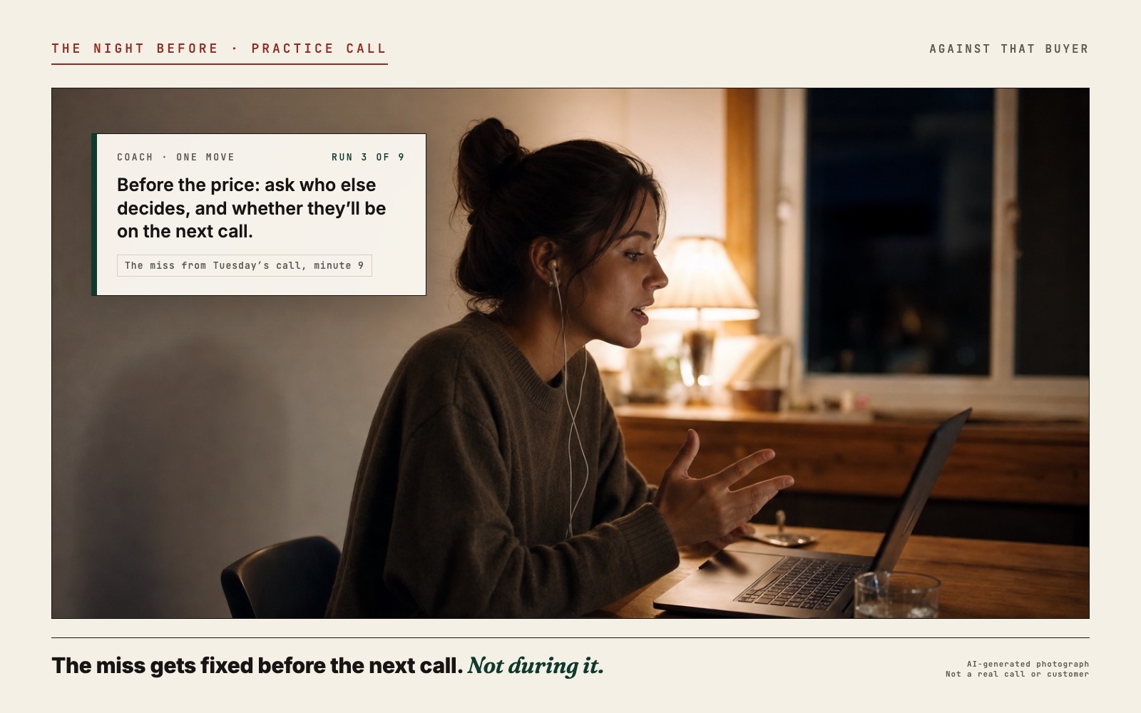 A closer practising a sales call at a kitchen table in the evening, with a coach card suggesting one move: ask who else decides before the price
