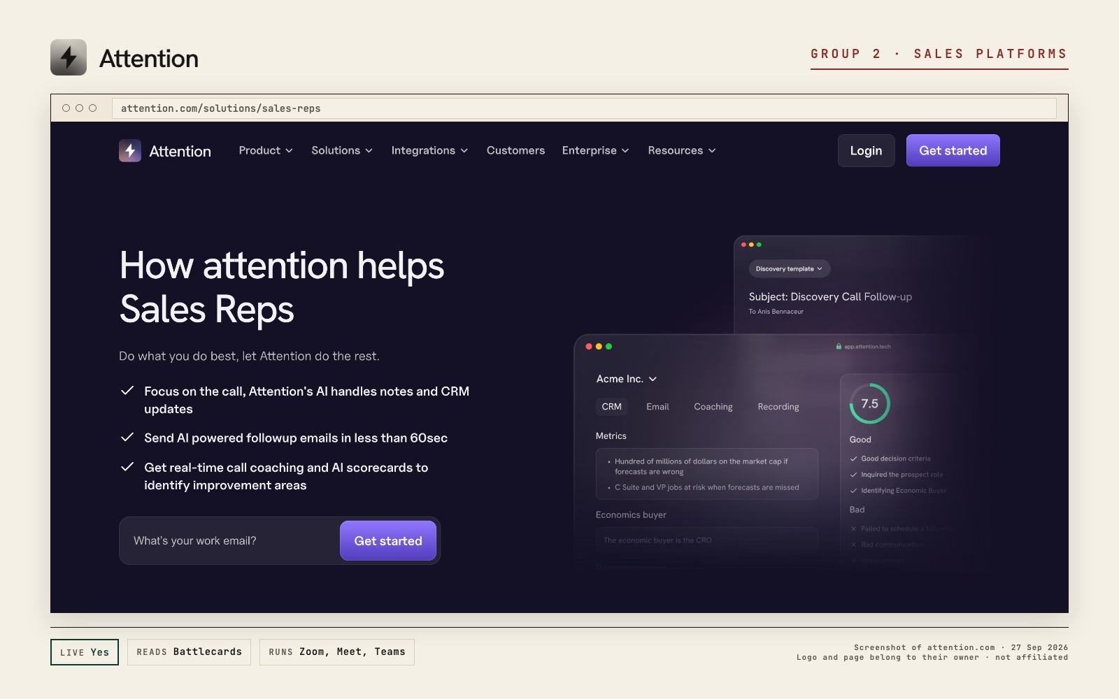 Attention logo and a screenshot of its own page at attention.com, with what its live prompt reads and where it runs