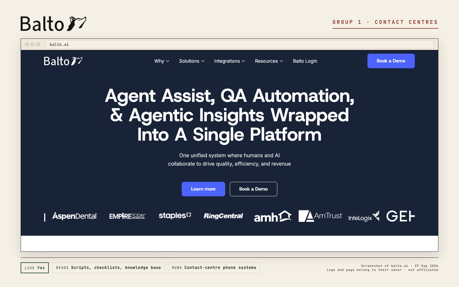 Balto logo and a screenshot of its own page at balto.ai, with what its live prompt reads and where it runs