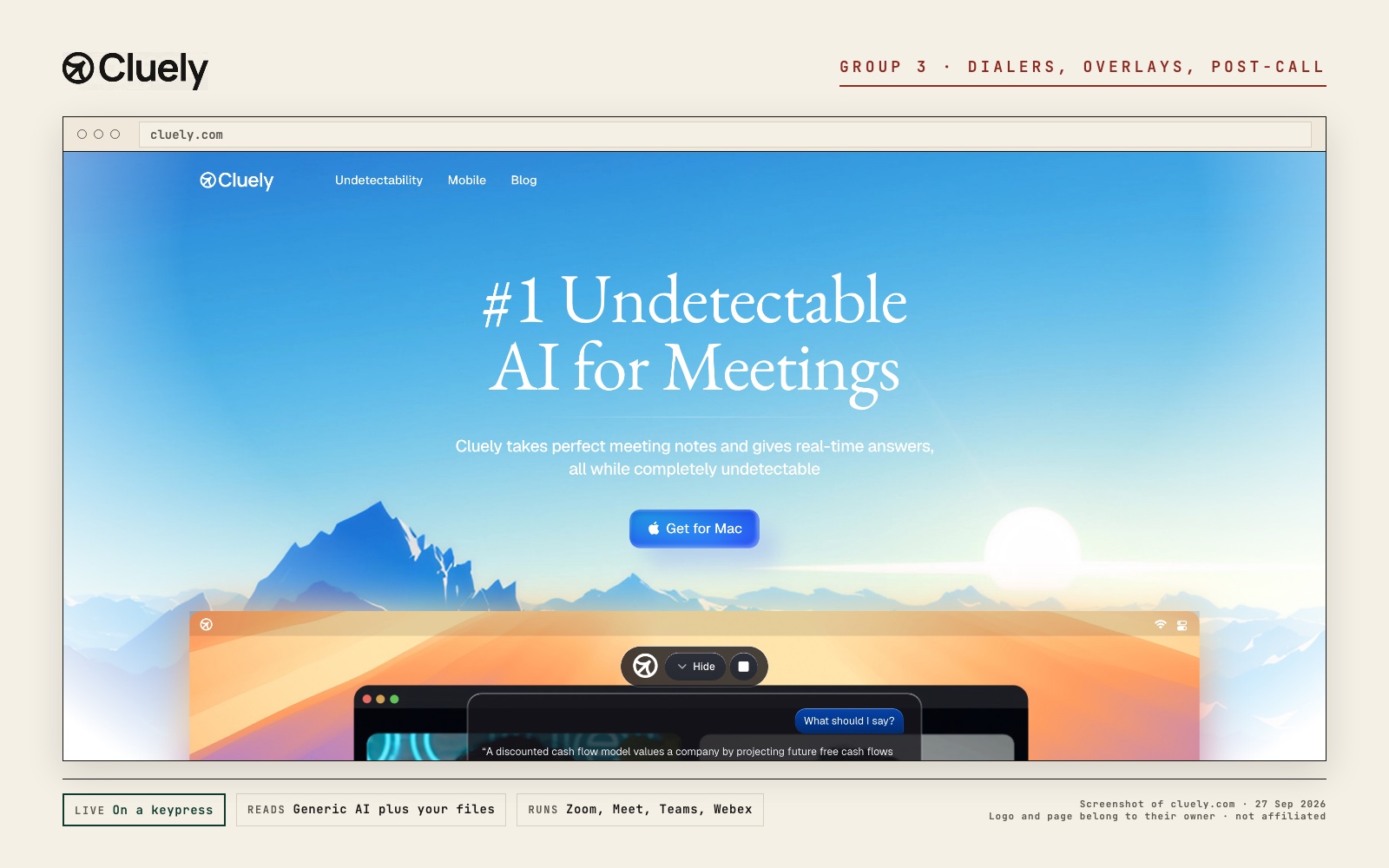 Cluely logo and a screenshot of its own page at cluely.com, with what its live prompt reads and where it runs