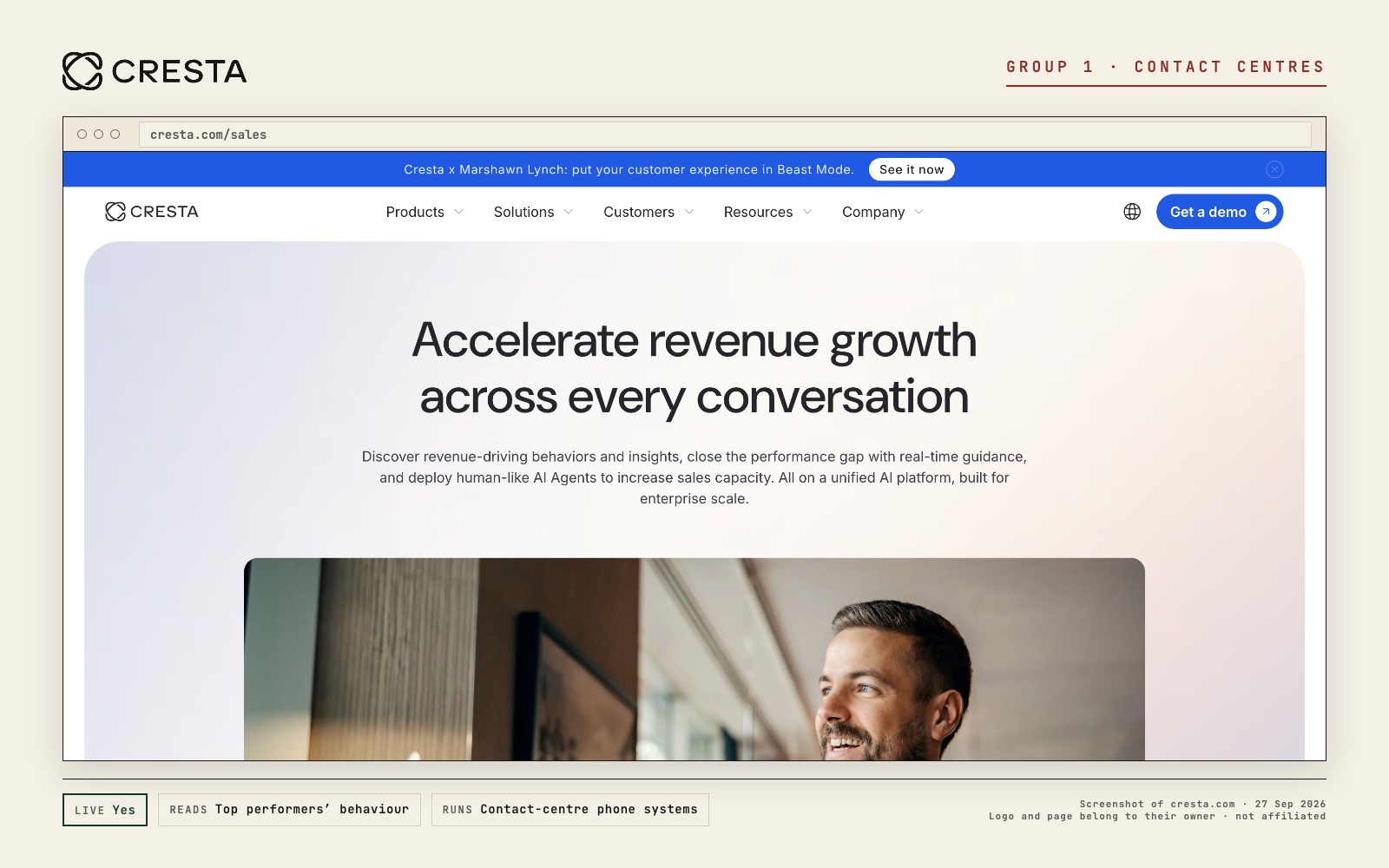 Cresta logo and a screenshot of its own page at cresta.com/sales, with what its live prompt reads and where it runs