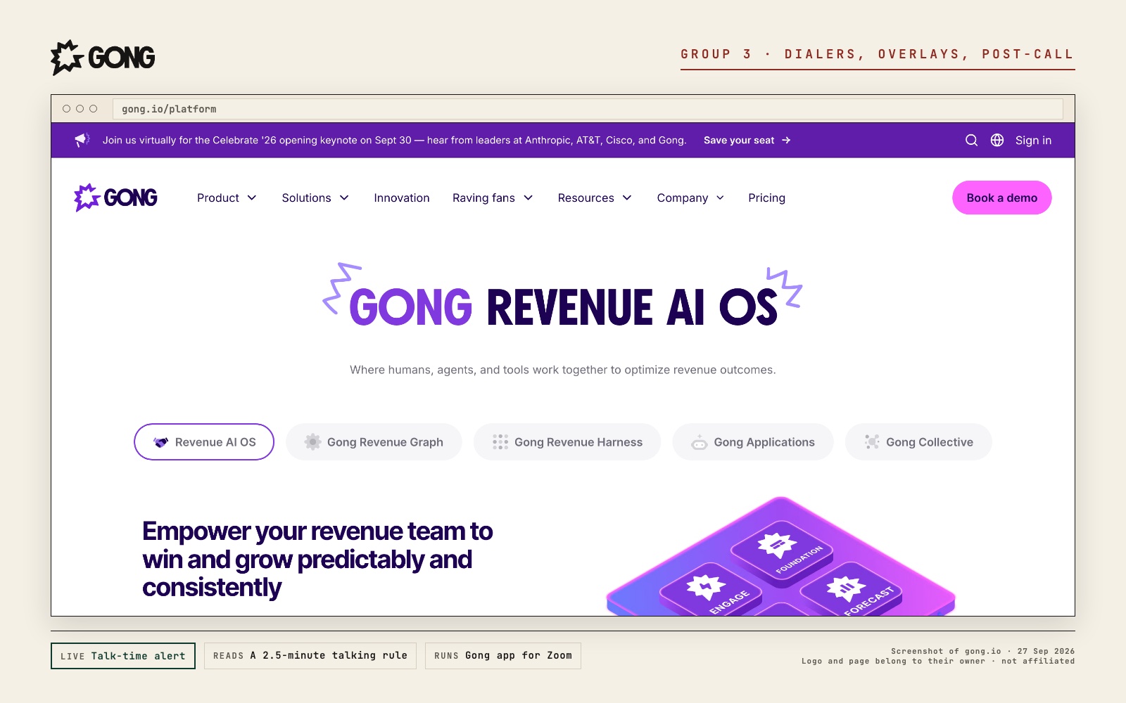 Gong logo and a screenshot of its own page at gong.io, with what its live prompt reads and where it runs