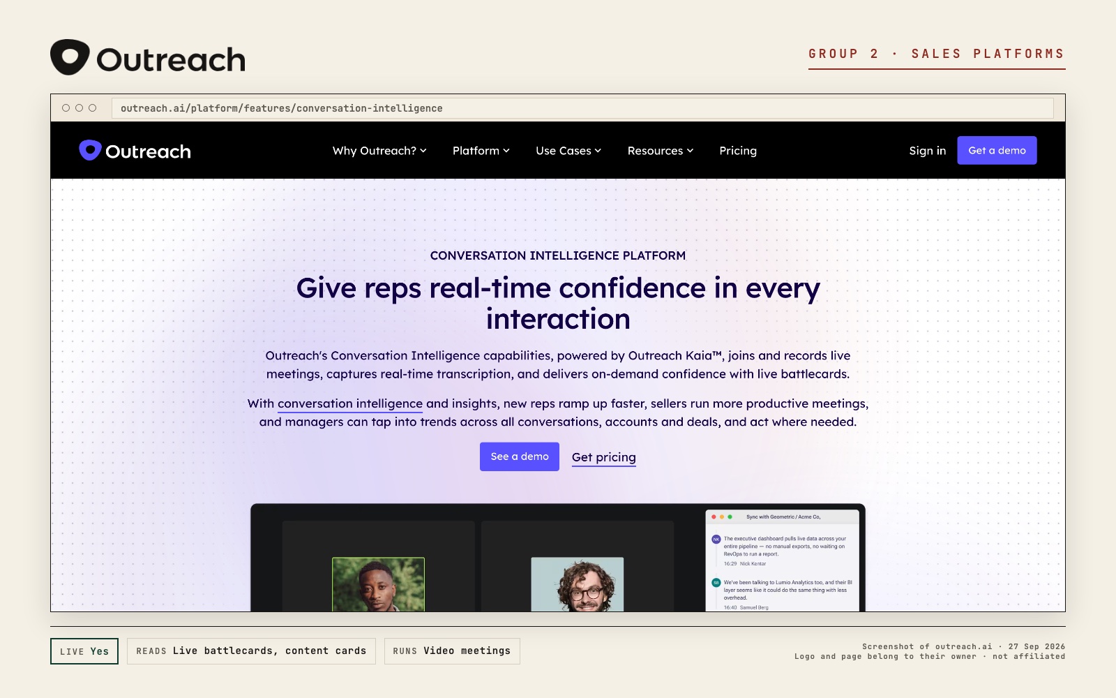 Outreach Kaia logo and a screenshot of its own page at outreach.ai, with what its live prompt reads and where it runs