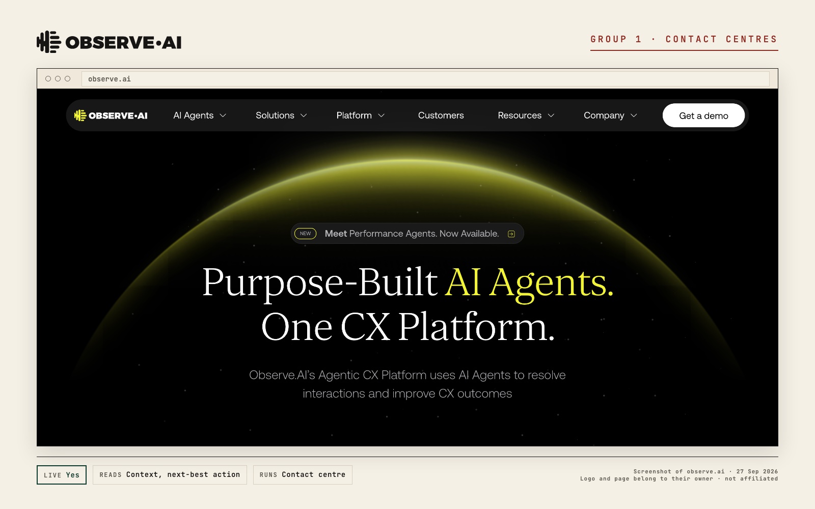 Observe.AI logo and a screenshot of its own page at observe.ai, with what its live prompt reads and where it runs
