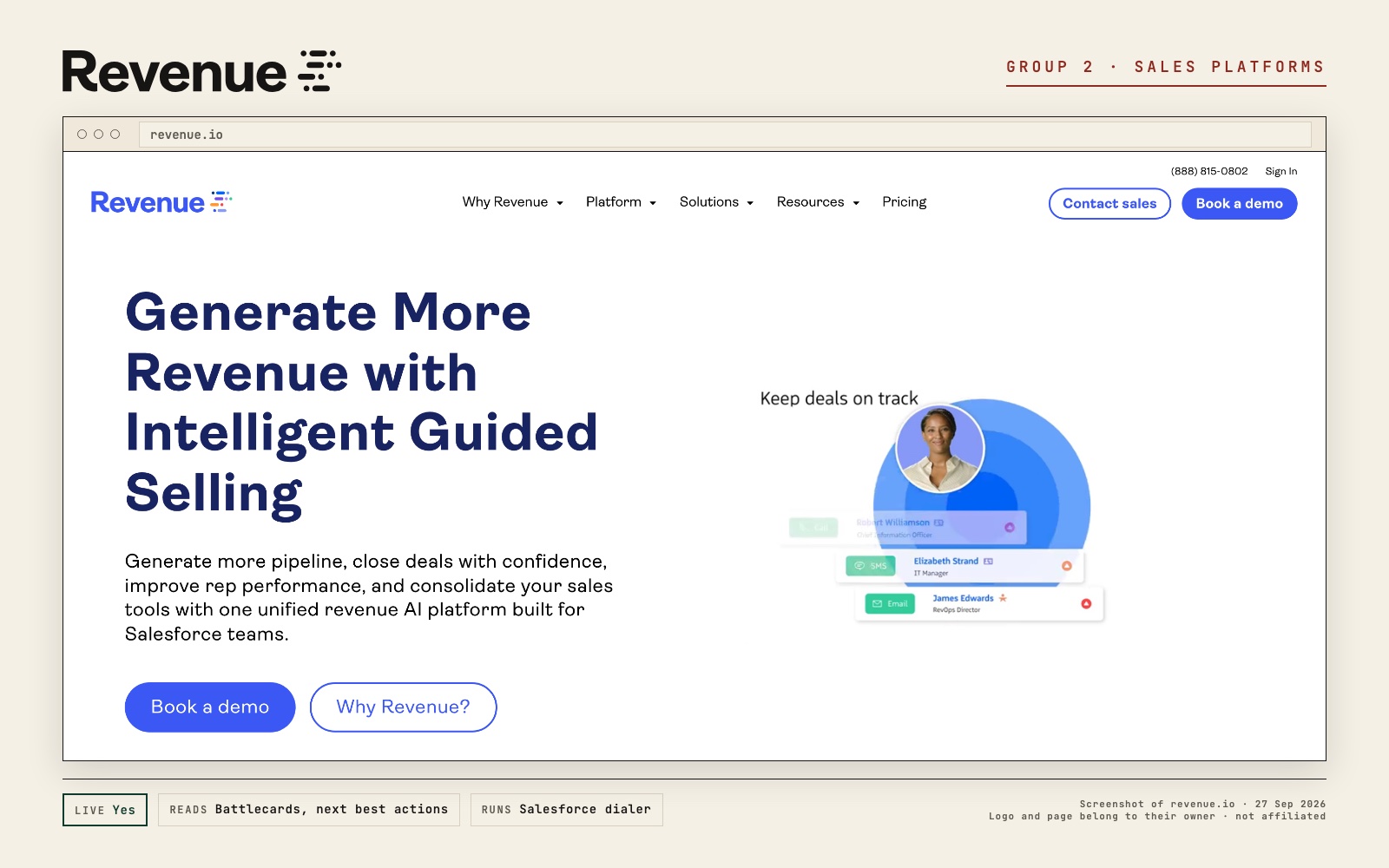 Revenue.io logo and a screenshot of its own page at revenue.io, with what its live prompt reads and where it runs