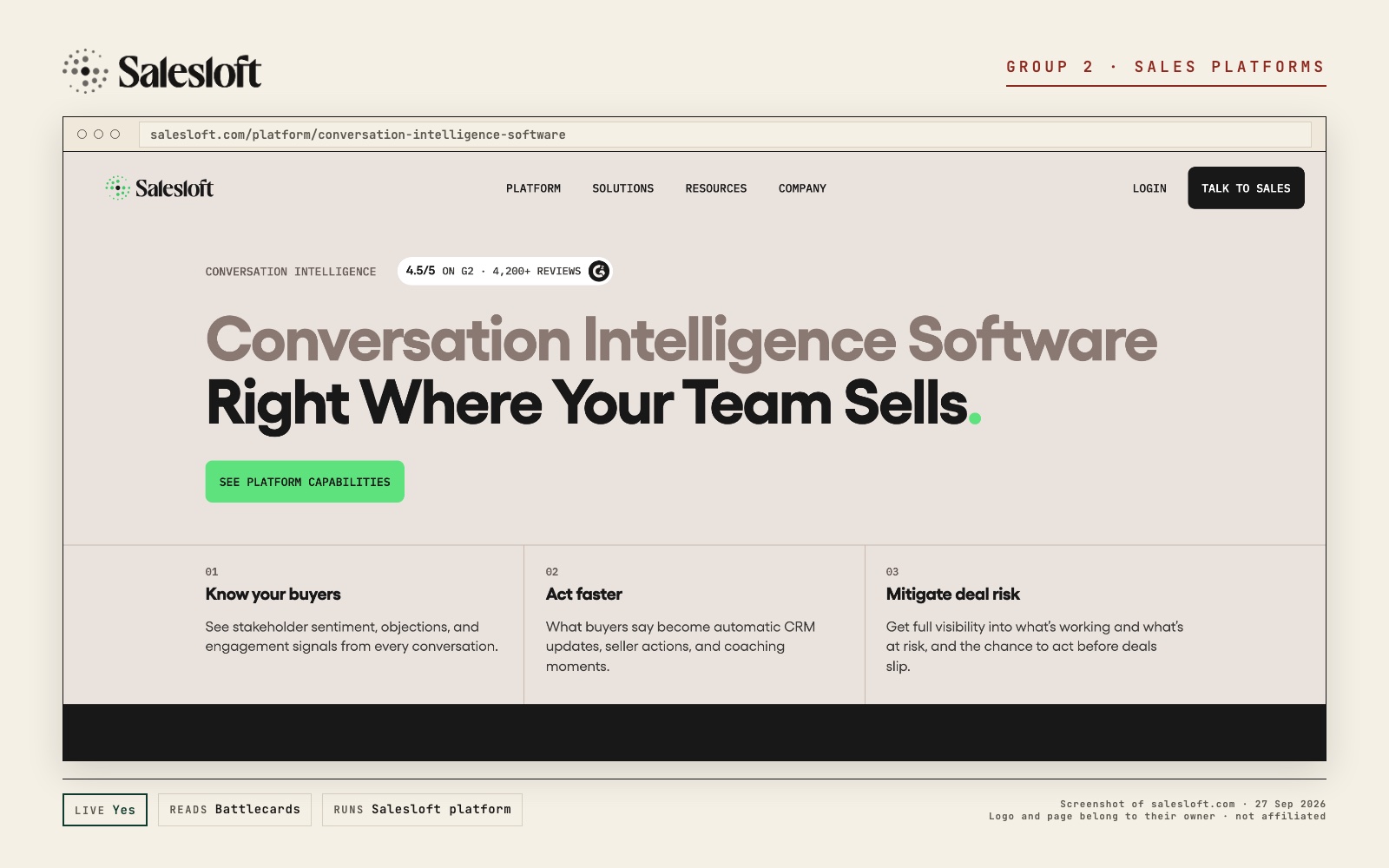 Salesloft logo and a screenshot of its own page at salesloft.com, with what its live prompt reads and where it runs