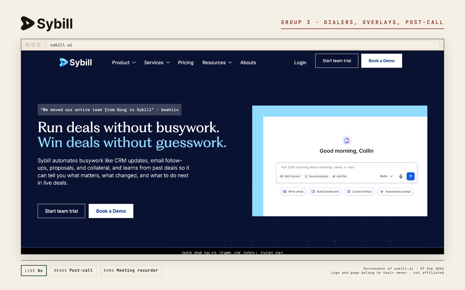 Sybill logo and a screenshot of its own page at sybill.ai, with what its live prompt reads and where it runs
