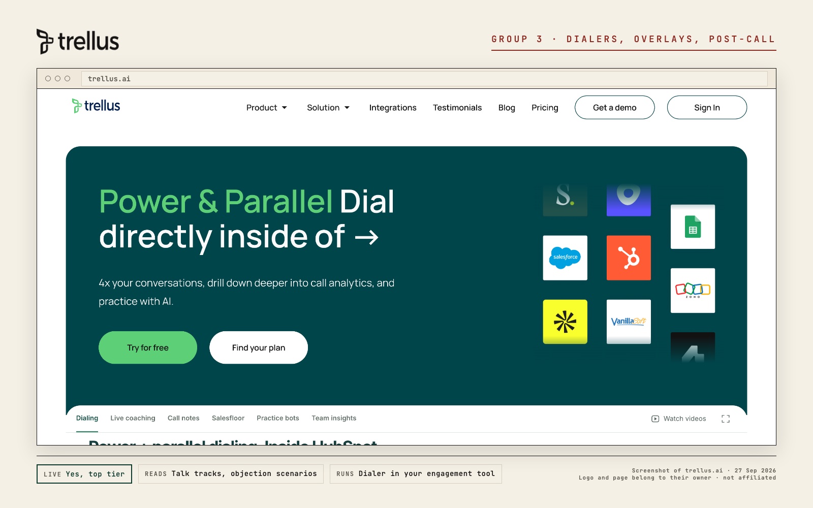 Trellus logo and a screenshot of its own page at trellus.ai, with what its live prompt reads and where it runs