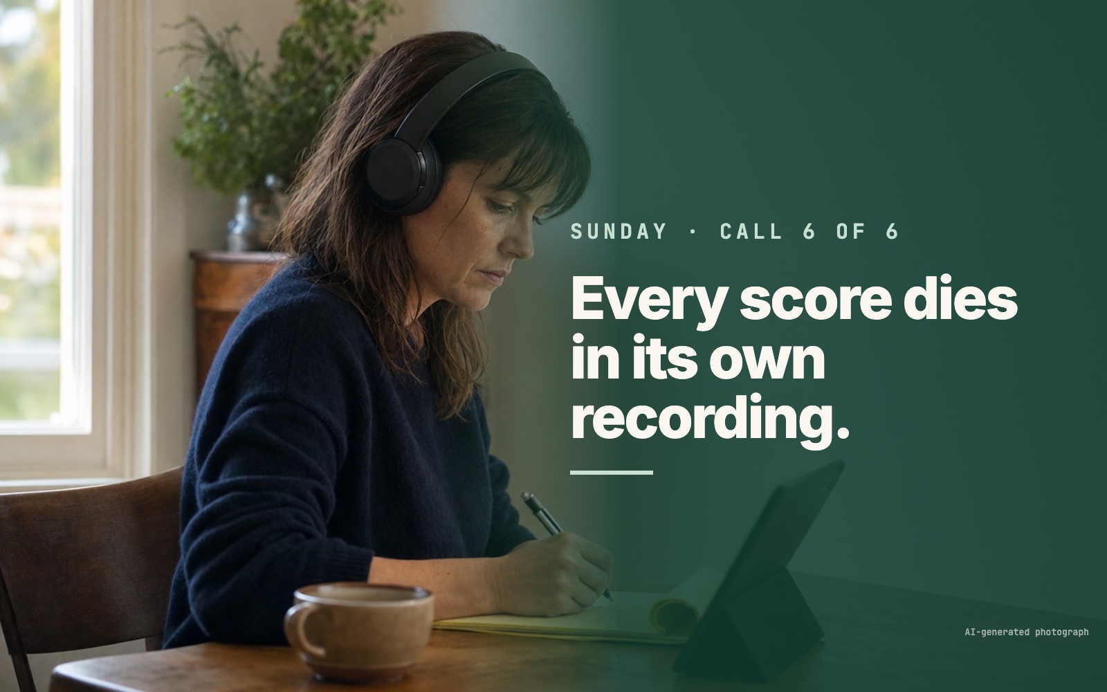 AI-generated photograph: a founder reviewing calls on a Sunday morning