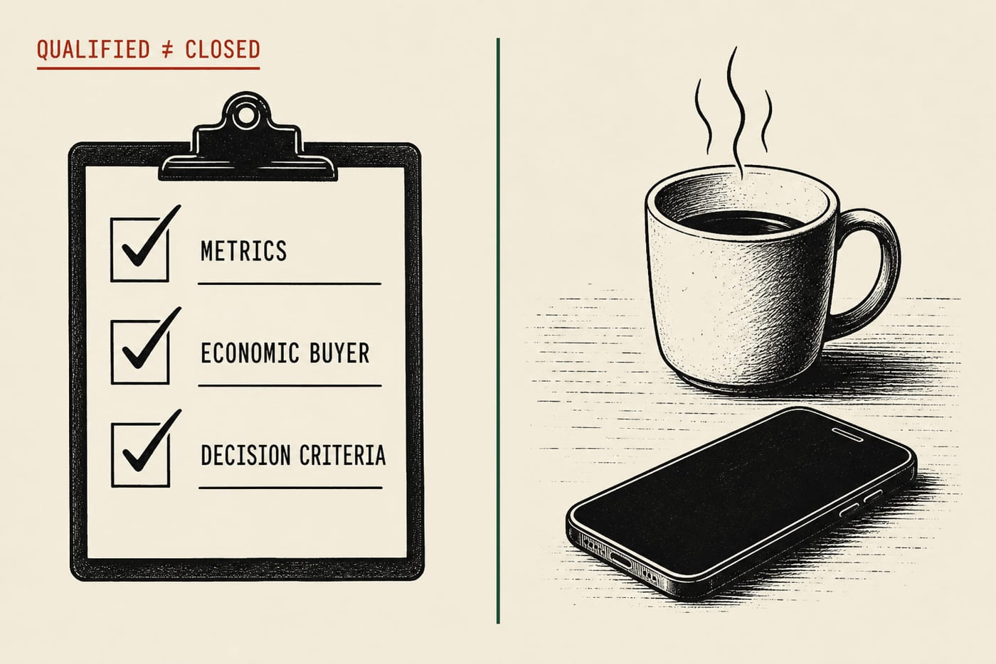 Editorial cover. A tidy qualification checklist beside a deal going cold.