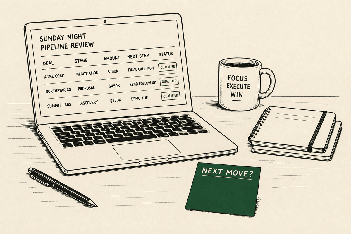 Sunday night pipeline review: three deals marked qualified, sticky note asking next move