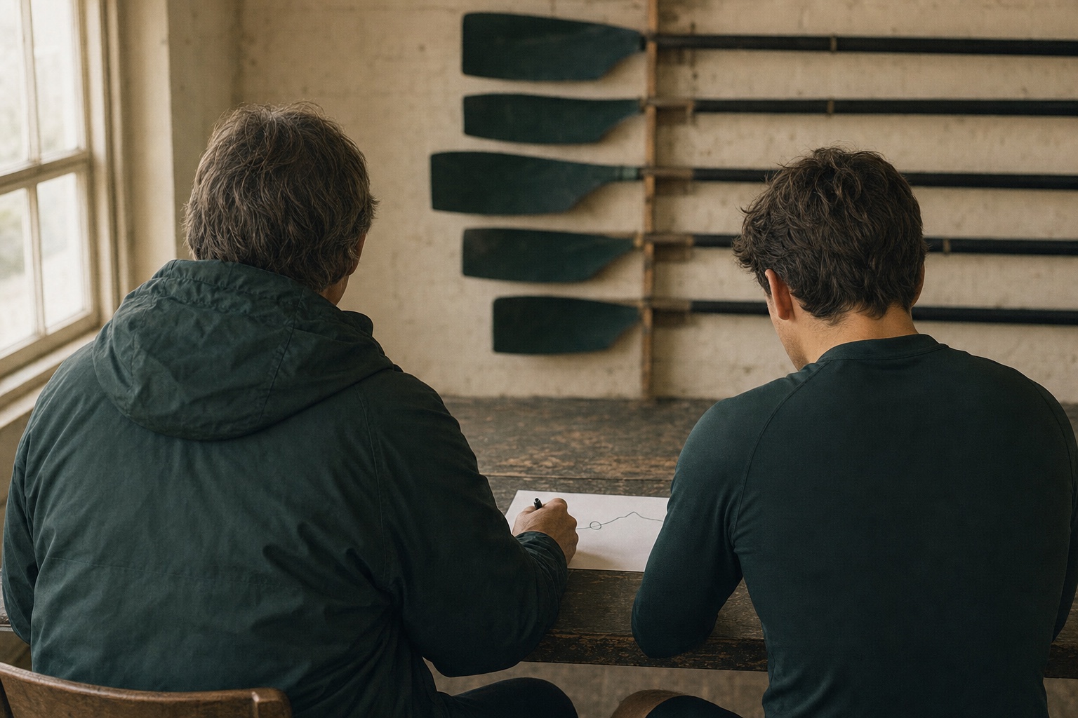 From behind: a coach and an athlete at a wooden table in a boathouse, the coach circling one point on a single green line with no numbers.