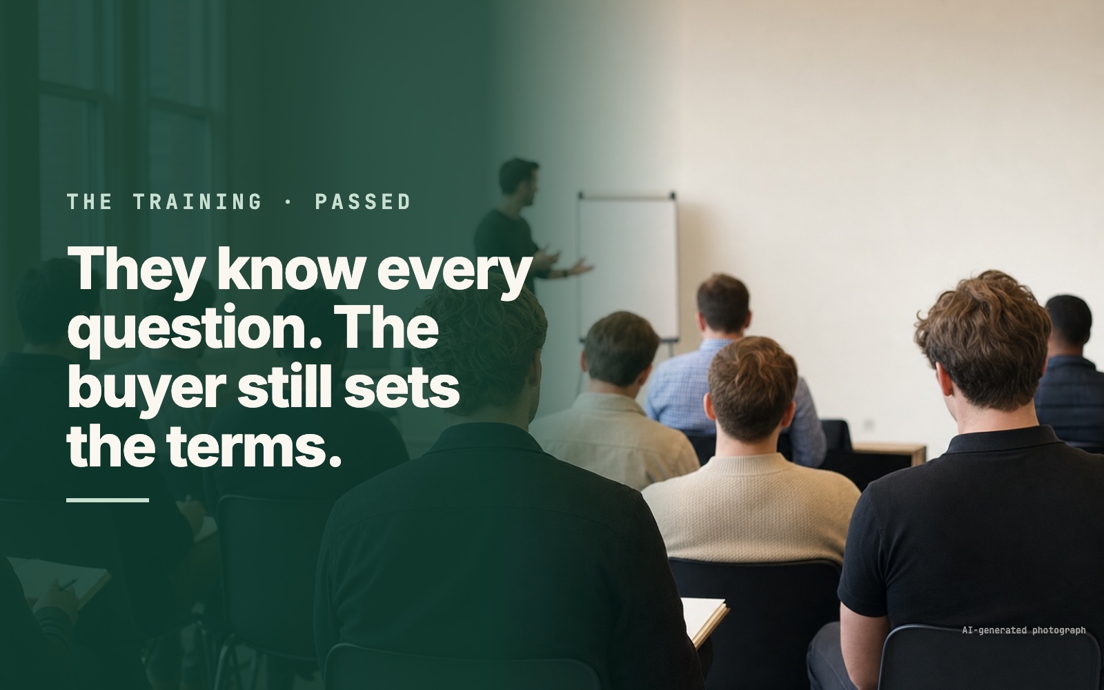 AI-generated photograph: closers at a sales training, seen from behind