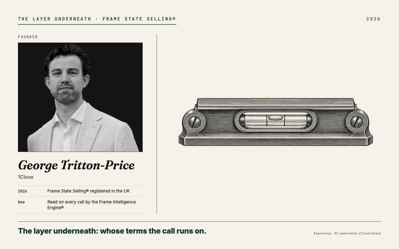 Frame State Selling plate: George Tritton-Price, 1Close, beside an engraved spirit level with its bubble dead centre