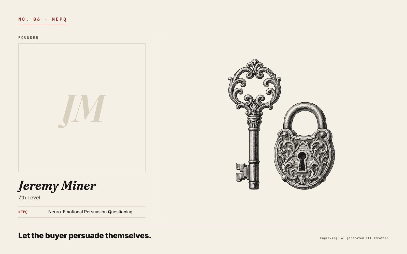 Plate No. 06, NEPQ: an engraved antique key and padlock beside Jeremy Miner's founder card, 7th Level