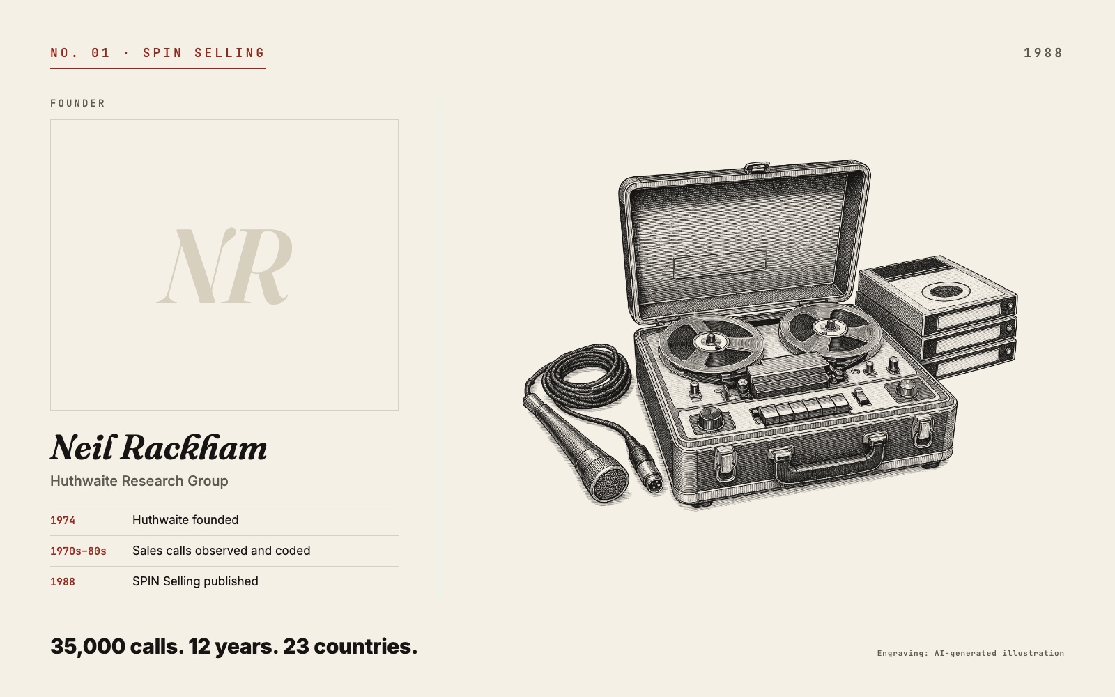 Plate No. 01, SPIN Selling: a 1970s reel-to-reel tape recorder beside Neil Rackham's founder card, Huthwaite, 1988