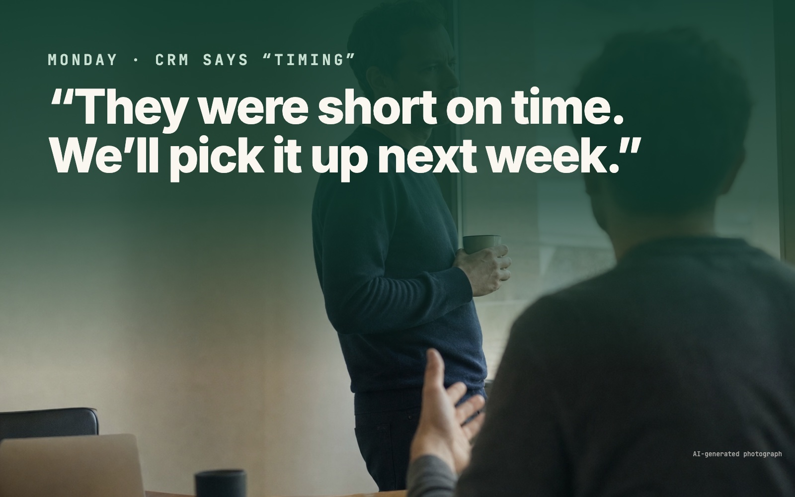 AI-generated photograph: a founder listening to a closer explain a deal