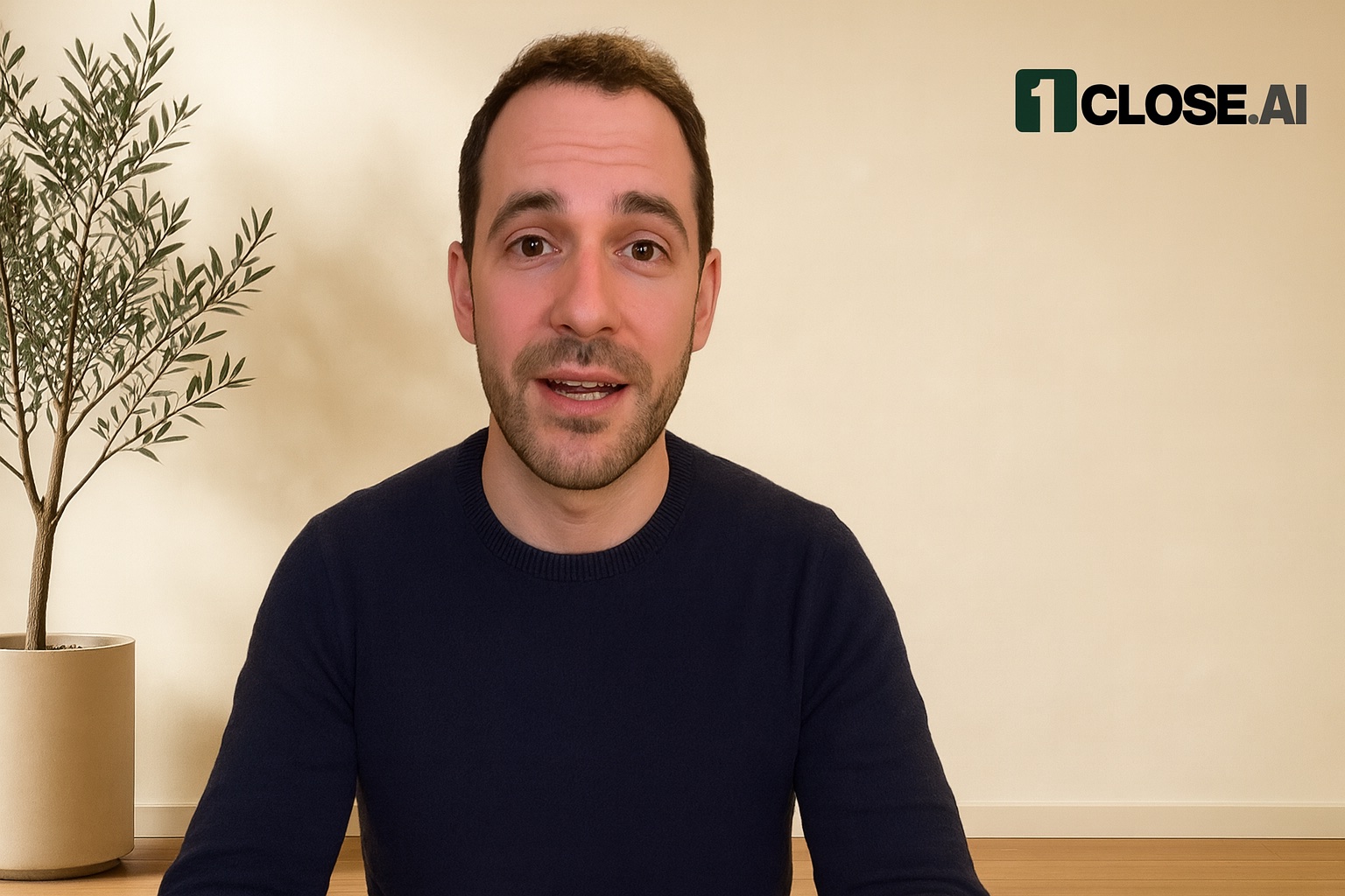 The same closer on a video call in front of the 1Close virtual background: a cream wall, an olive tree and the 1Close logo