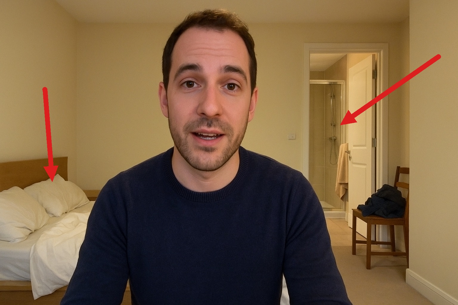 A closer on a video call, with red arrows pointing at the unmade bed behind him and the shower through the open door