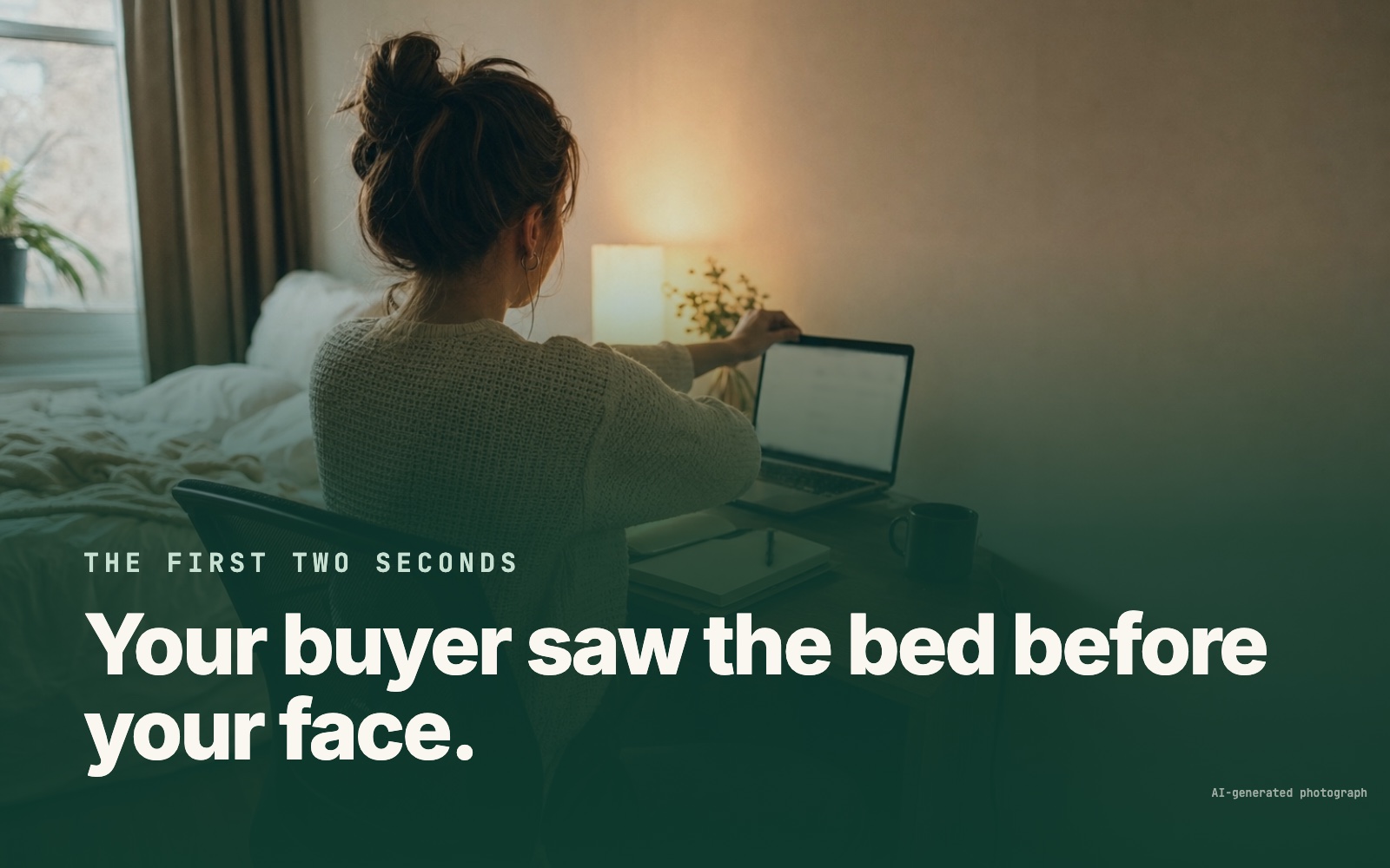 AI-generated photograph: a closer setting up a call with an unmade bed behind her